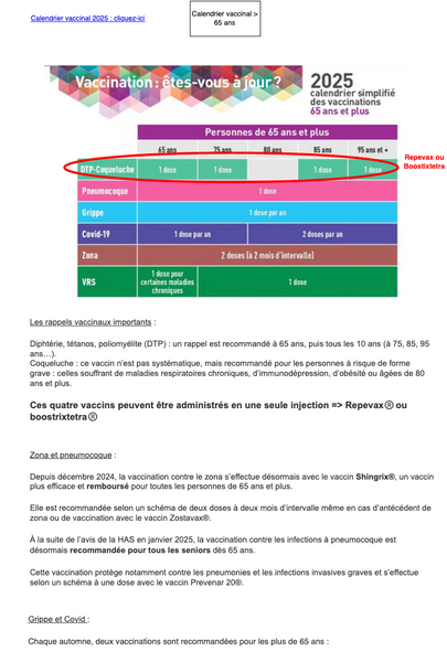 Calendrier vaccinal sujet âgé > 65 ans